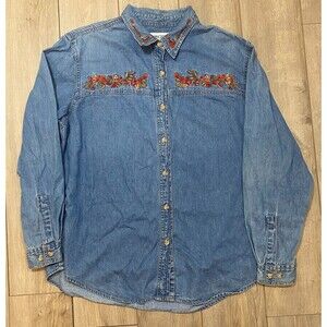 Cabin Creek Women Denim Floral Embroidered Long Sleeve Shirt Size XL 100% Cotton